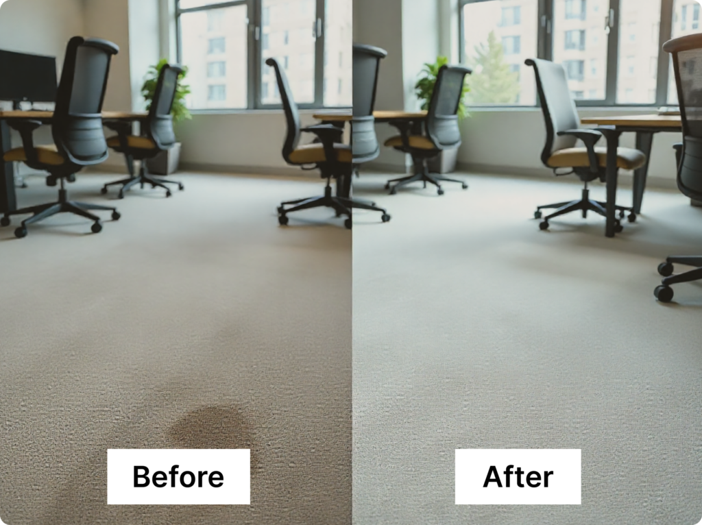 Before and after comparison of commercial carpet cleaning in a Perth office showing spotless, stain-free results.