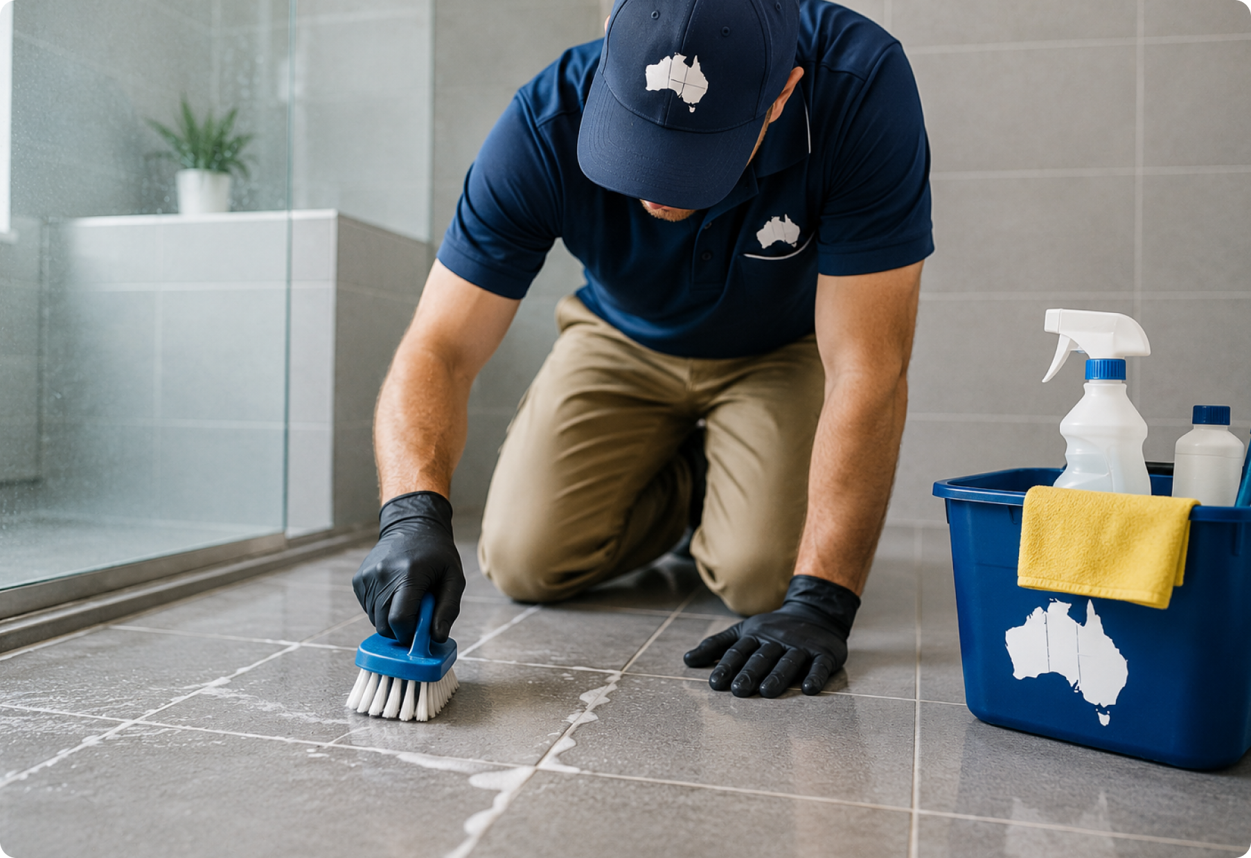 Tile and grout cleaning technician scrubbing a tiled floor in Perth