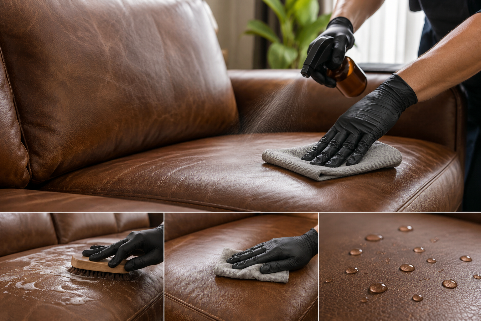 Conditioner being applied to a brown leather sofa after cleaning