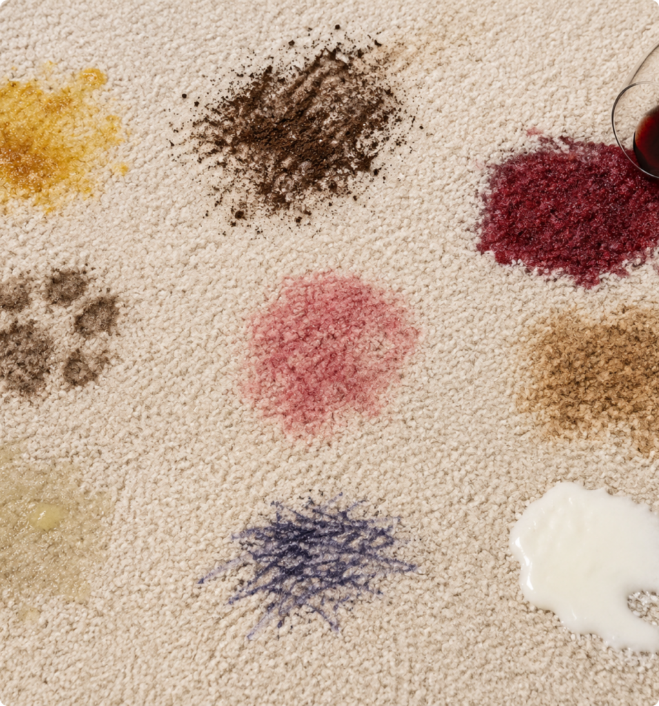 Common carpet stains including wine, coffee and pet urine treated in Perth