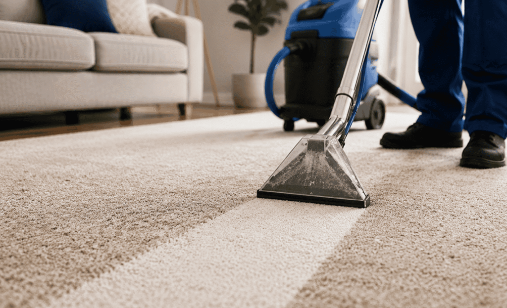 Professional carpet cleaner using hot water extraction in a Perth living room